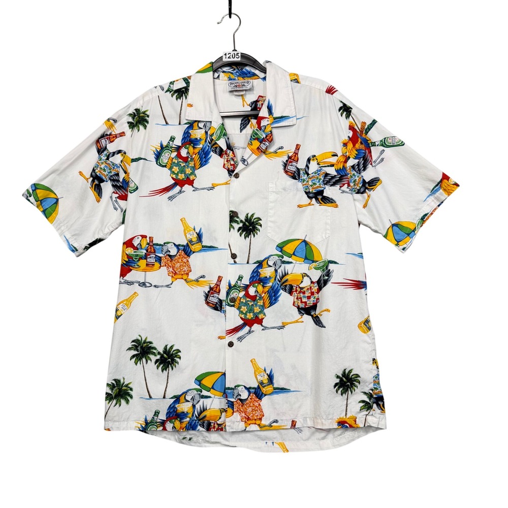 Vintage Pacific Legend Hawaiian Shirt Men L White Parrot Toucan Beer Made in USA